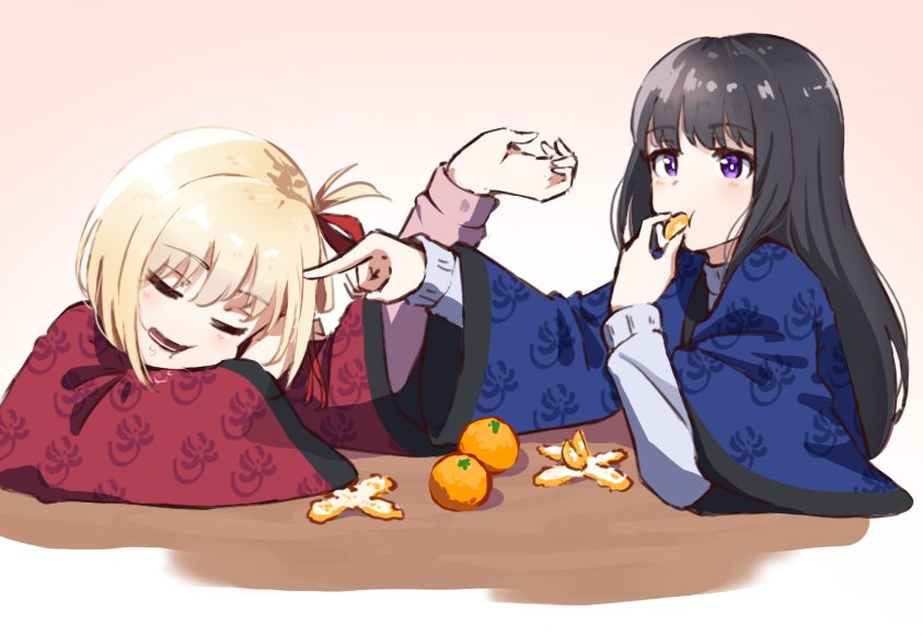 2girls :t arm_support black_hair blonde_hair blue_kimono bright_pupils closed_eyes commentary_request drooling eating food food_in_mouth fruit hair_between_eyes hair_ribbon hand_up holding holding_food hyoe_(hachiechi) inoue_takina japanese_clothes kimono light_blush long_hair long_sleeves lycoris_recoil mandarin_orange mouth_drool multiple_girls nishikigi_chisato one_side_up open_mouth pink_background poking_head purple_eyes red_kimono red_ribbon ribbon simple_background sleeping straight_hair white_pupils wide_sleeves