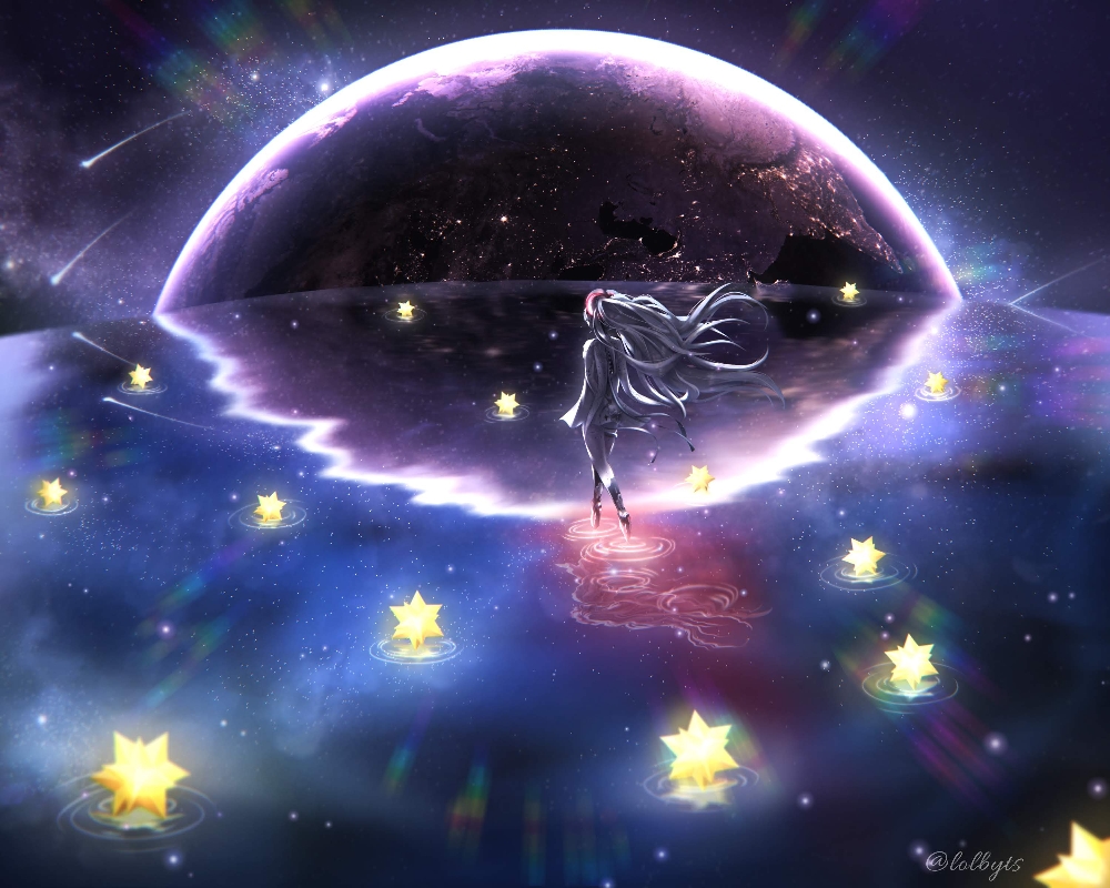 1girl dress earth_(planet) floating_hair_ornament from_behind grey_dress grey_hair horizon landscape lolbyts long_hair luna:_laurel_(punishing:_gray_raven) luna_(punishing:_gray_raven) mechanical_legs panorama planet punishing:_gray_raven reflection reflective_water shooting_star signature solo standing standing_on_liquid star_(sky) twintails very_long_hair walking walking_on_liquid