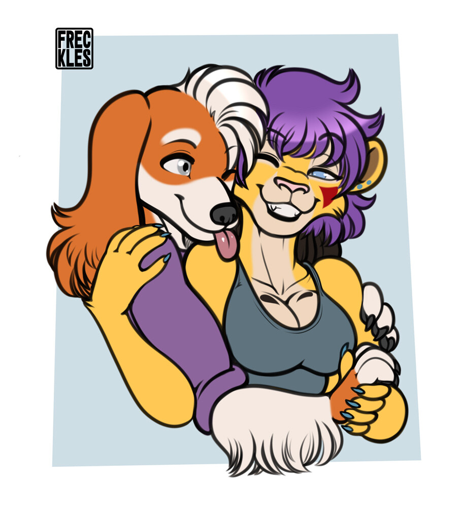 anthro bird_dog blep breasts canid canine canis cleavage clothed clothing domestic_dog duo female floppy_ears freckles freckles_(artist) fur hair hand_holding hoodie hunting_dog lips male mammal multicolored_body multicolored_fur one_eye_closed orange_body orange_fur pecas_(freckles) purple_hair shirt simple_background spaniel tan_body tan_fur tank_top thick_bottom_lip tongue tongue_out topwear two_tone_body two_tone_fur welsh_springer_spaniel white_body white_fur white_hair yellow_body yellow_fur