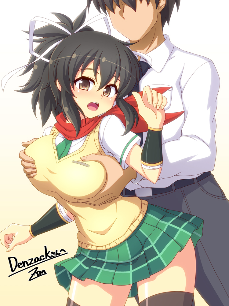 1boy 1girl armor artist_name asuka_(senran_kagura) bandaged_arm bandages belt black_belt black_hair black_pants black_thighhighs blue_necktie blush breast_pocket breasts brown_eyes commentary_request faceless faceless_male grabbing grabbing_another's_breast grabbing_from_behind gradient_background green_necktie green_skirt groping hair_ribbon hanzou_academy_uniform japanese_armor kote kurokote large_breasts long_sleeves looking_at_viewer meme miniskirt necktie open_mouth pants plaid plaid_skirt pleated_skirt pocket ponytail red_scarf ribbon scarf school_uniform senran_kagura senran_kagura_shoujo-tachi_no_shin'ei shiny_skin shirt short_hair short_ponytail sidelocks signature skirt surprised sweater_vest teeth they_had_lots_of_sex_afterwards_(meme) thighhighs tongue upper_teeth_only vest white_background white_ribbon white_shirt yellow_background zetsumu
