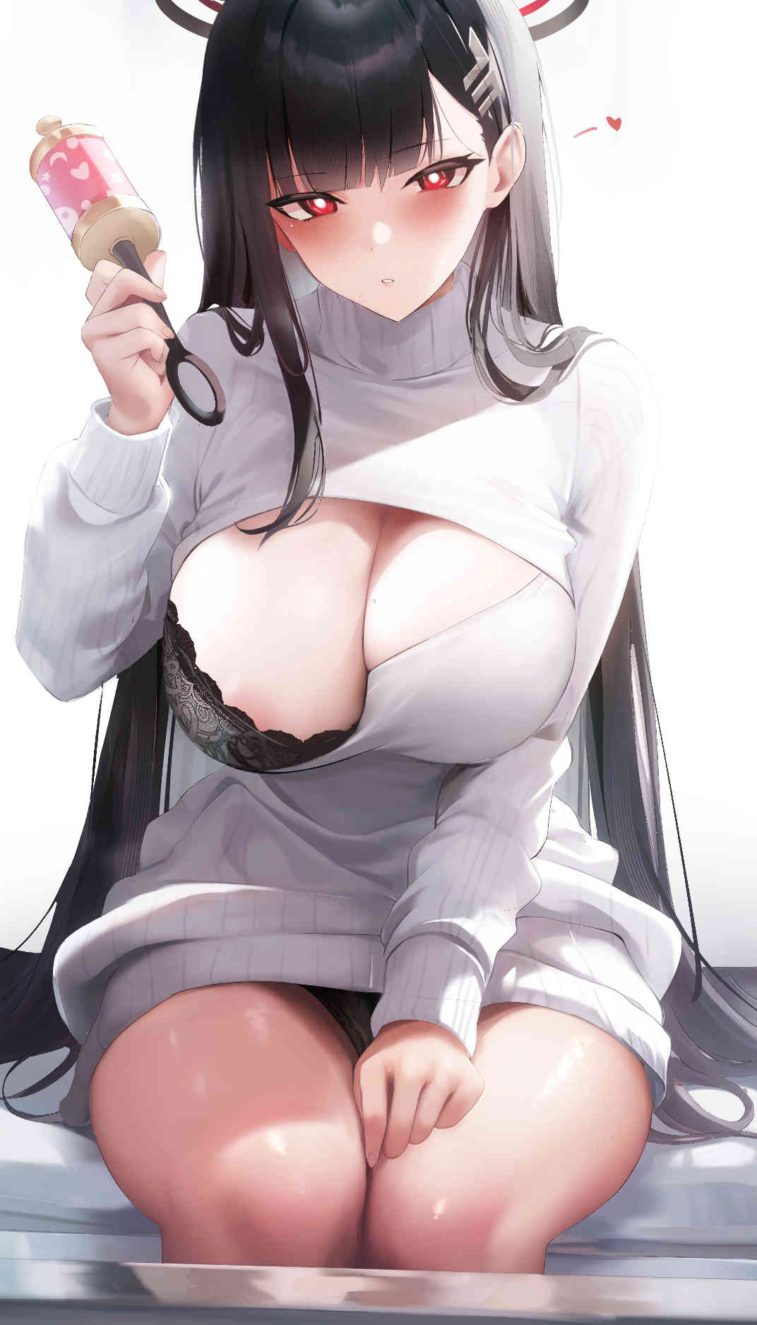 1girl areola_slip black_bra black_hair black_panties blue_archive blush bra bra_peek breasts cleavage cleavage_cutout clothing_cutout dress fantongjun halo heart highres holding holding_rattle long_hair long_sleeves looking_at_viewer panties parted_lips rattle red_eyes ribbed_sweater rio_(blue_archive) simple_background sitting solo sweater sweater_dress thighs turtleneck turtleneck_sweater underwear white_background