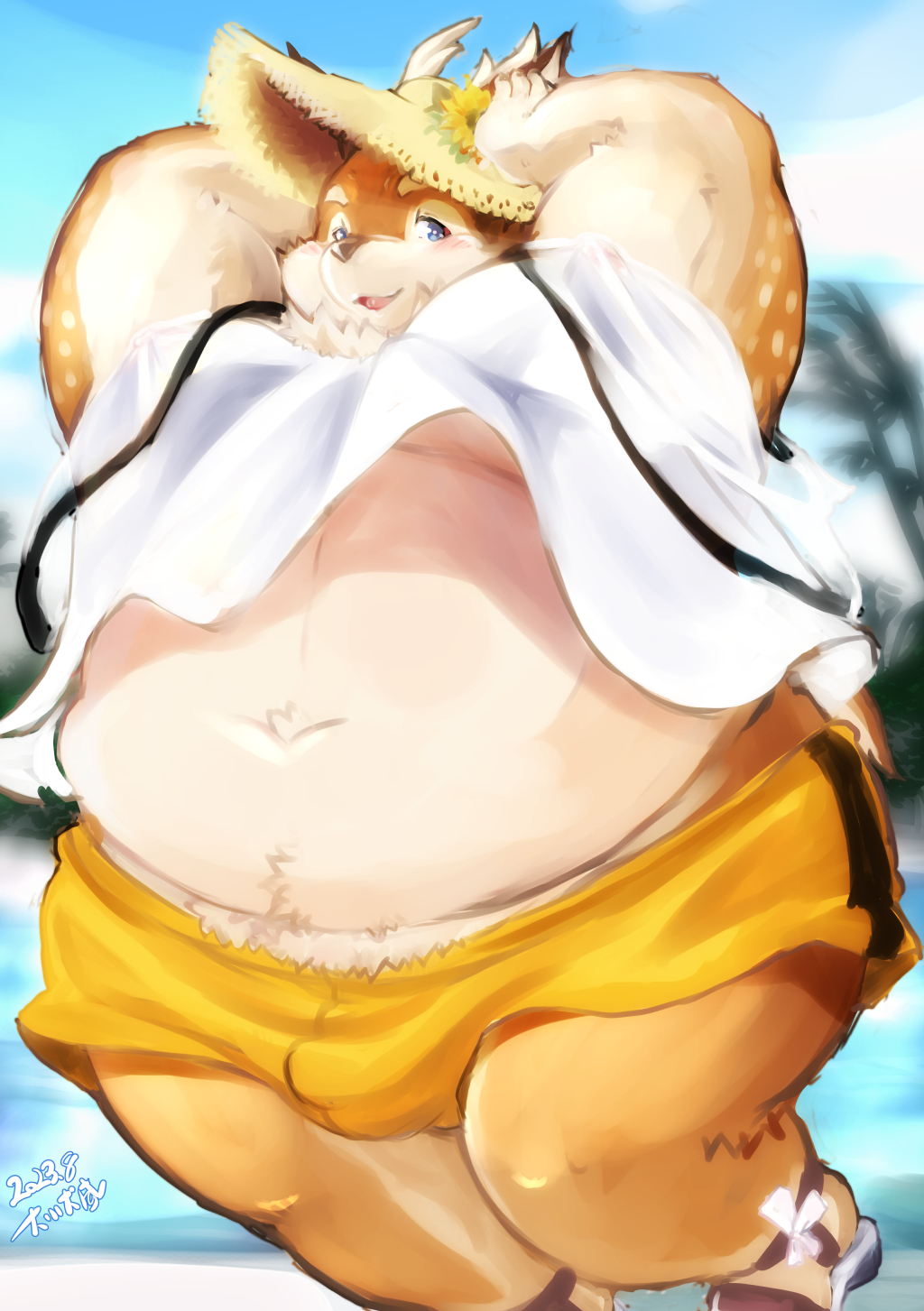 anthro antlers beach belly blue_eyes blush bottomwear brown_body brown_fur bulge clothed clothing clothing_lift deer fur hat headgear headwear hi_res horn inuiookawa kazusa male mammal moobs navel overweight overweight_male seaside shirt shirt_lift shorts smile solo straw_hat tamacolle topwear