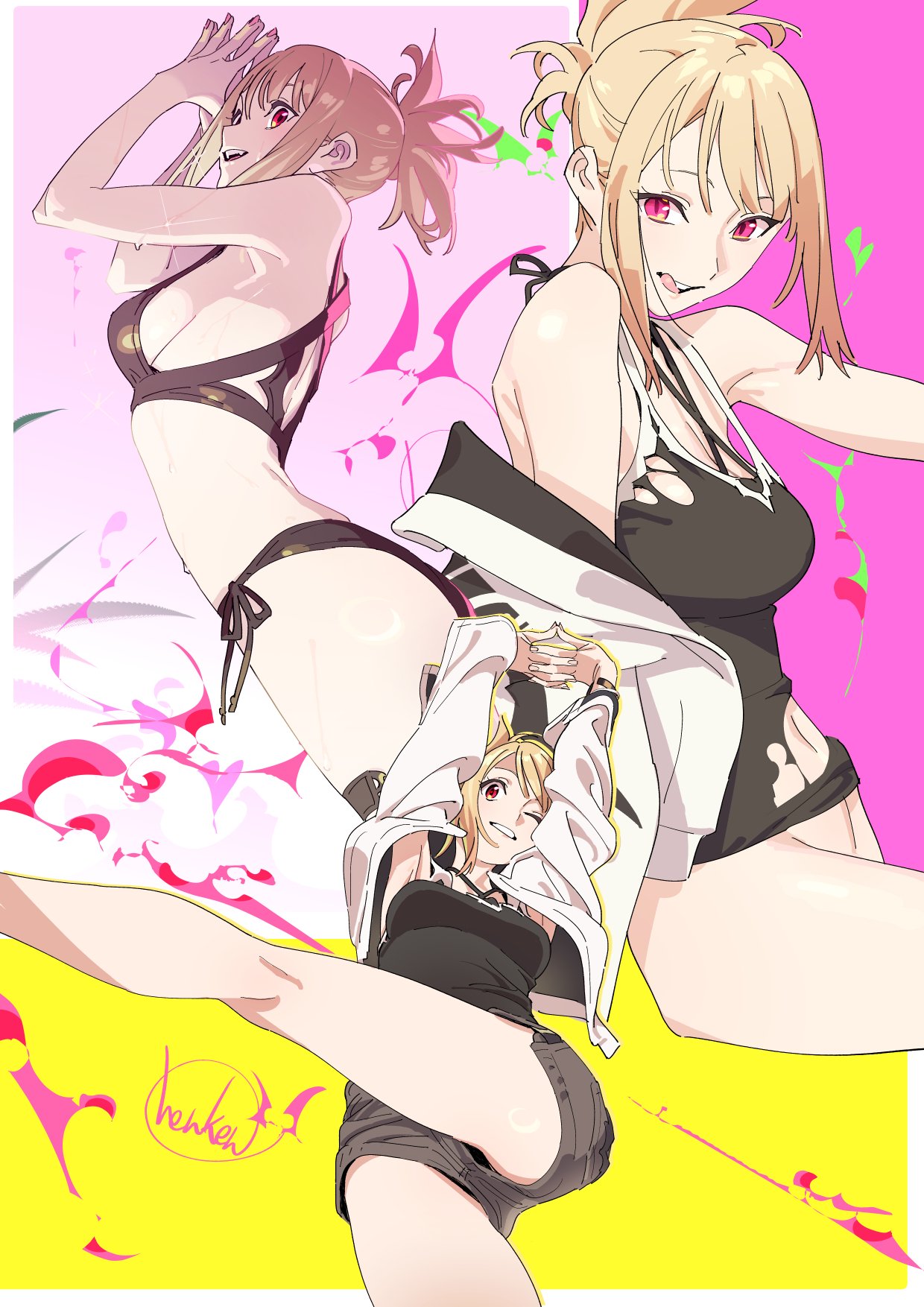 1girl :q armpits arms_up artist_name ass bare_arms bare_shoulders black_bra black_panties black_tank_top blonde_hair bottomless bra breasts brown_shorts cleavage commentary criss-cross_halter cropped_legs fangs fingernails from_below from_side halterneck henken highres jacket kicking leg_up long_sleeves looking_at_viewer medium_breasts midriff multicolored_background nail_polish navel off_shoulder one_eye_closed open_mouth original panties pink_background pink_nails ponytail red_eyes short_shorts shorts side-tie_panties sideboob sienna_(henken) signature simple_background slit_pupils smile solo steepled_fingers stretching swept_bangs tank_top thick_thighs thigh_strap thighs tongue tongue_out torn torn_clothes torn_tank_top underwear upper_body white_jacket yellow_background