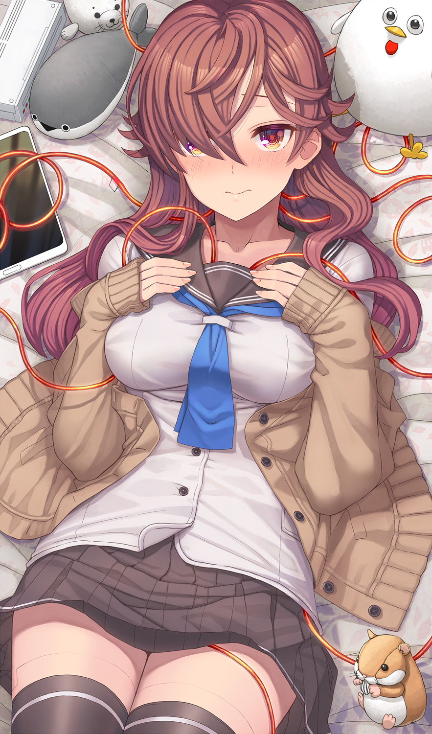 1girl android_girl_(itou) black_skirt black_thighhighs blue_neckerchief blush breasts brown_eyes brown_hair cable cardigan closed_mouth cropped_legs hair_over_one_eye hands_on_own_chest highres itou_(onsoku_tassha) joints long_hair long_sleeves looking_at_viewer lying medium_breasts neckerchief off_shoulder on_back on_bed original pleated_skirt robot_joints school_uniform serafuku shirt skirt sleeves_past_wrists solo stuffed_animal stuffed_toy tablet_pc thighhighs thighs white_shirt zettai_ryouiki