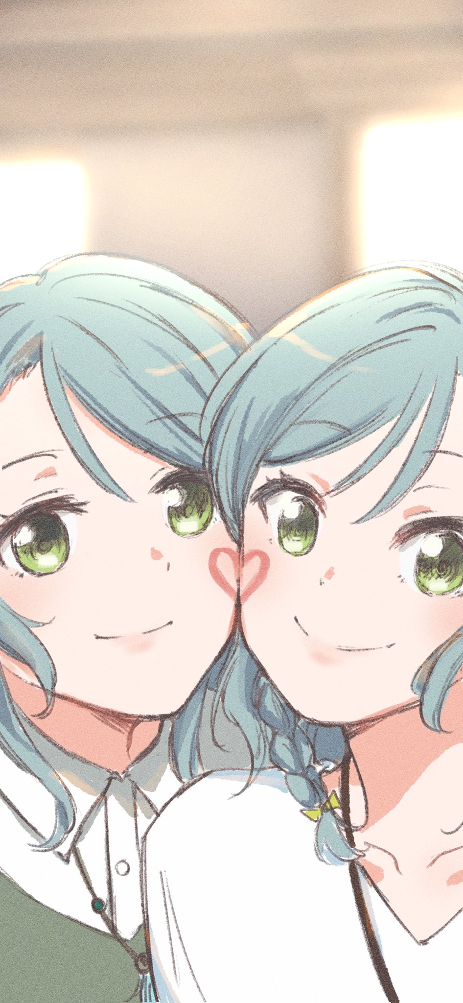 2girls aqua_hair bang_dream! bow braid green_eyes hair_bow heads_together heart highres hikawa_hina hikawa_sayo incest jewelry looking_at_viewer medium_hair multiple_girls necklace selfie shirt siblings signature sisters smile textless_version twin_braids twincest twins white_shirt xin_(blueramen) yuri