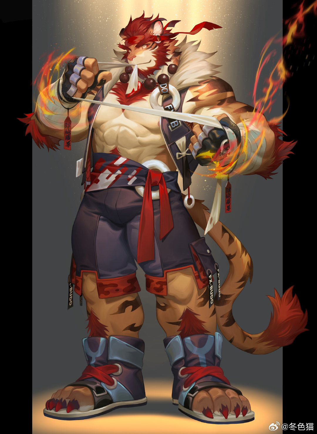 1boy abs animal_ears applying_bandages bara bare_pectorals bead_necklace beads bulge chest_tuft fire flaming_hand full_body furry furry_male highres huge_eyebrows jewelry large_feet large_hands large_pectorals mature_male muscular muscular_male navel_hair necklace neilos nipples orange_fur original pectorals pyrokinesis sanpaku second-party_source shorts sleeveless sleeveless_jacket solo tail thick_thighs thighs tiger_boy tiger_ears tiger_tail