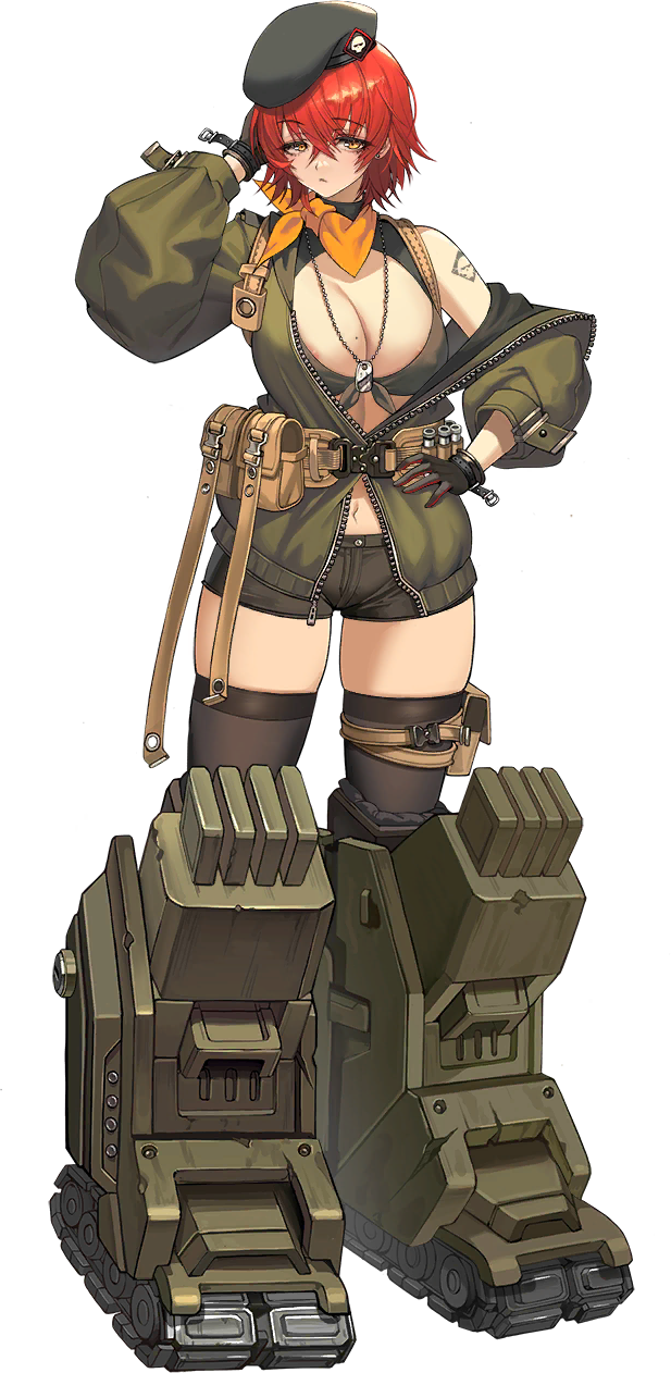 1girl 2v_(joyeong) :&lt; areola_slip arm_behind_head belt belt_pouch beret black_gloves black_shorts black_thighhighs breasts brown_belt character_name cleavage cleavage_cutout closed_mouth clothing_cutout dog_tags earrings front-tie_top full_body game_cg gloves green_headwear green_jacket hair_between_eyes hat highres jacket jewelry large_breasts last_origin linea_alba looking_at_viewer mechanical_boots military_hat military_jacket military_uniform mole mole_on_breast nashorn_(last_origin) navel off-shoulder_jacket off_shoulder official_art open_clothes open_jacket pouch red_hair scarf short_hair short_shorts shorts shoulder_tattoo simple_background skindentation solo standing tachi-e tank_top tattoo thigh_pouch thighhighs third-party_source transparent_background treadmill uniform wrist_belt yellow_eyes yellow_scarf