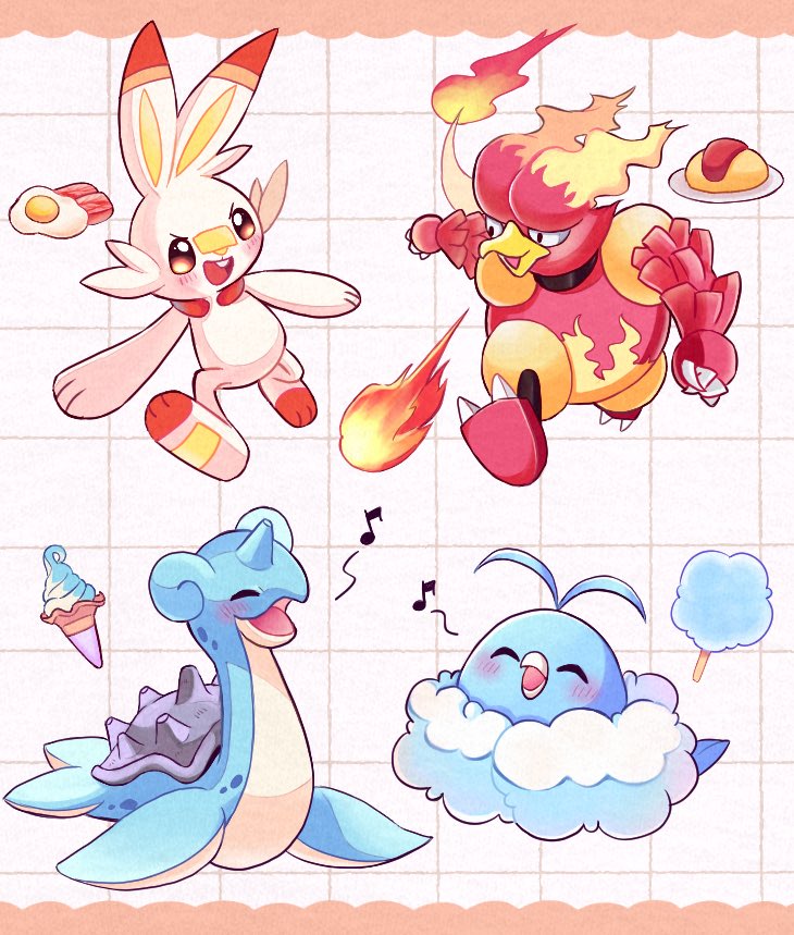 bacon beak black_eyes breathing_fire closed_eyes cotton_candy fire followers_favorite_challenge food fried_egg full_body grid_background ice_cream ice_cream_cone lapras magmar mochopaccho multiple_drawing_challenge musical_note omelet omurice open_mouth orange_eyes pokemon pokemon_(creature) running scorbunny smile swablu teeth upper_teeth_only v-shaped_eyebrows