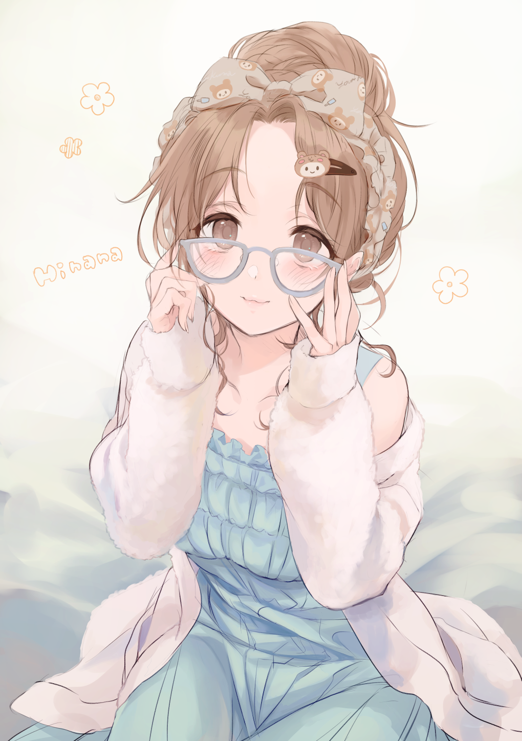 1girl bangs bed_sheet bespectacled blue_dress blush bow_hairband character_name dress floral_print forehead fur_jacket glasses hair_bun hairband hands_on_eyewear highres ichikawa_hinana idolmaster idolmaster_shiny_colors jacket light_brown_hair light_smile looking_at_viewer parted_bangs q-v_(levia) single_hair_bun sleeveless sleeveless_dress solo white_jacket