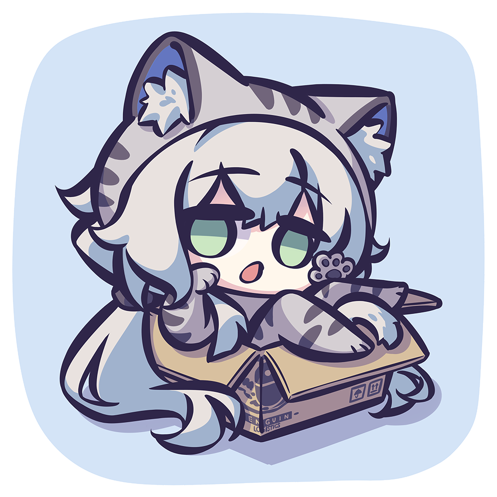 1girl :o animal_costume animal_ear_fluff animal_ears arknights bad_id bad_pixiv_id blue_background border box cardboard_box cat_costume cat_ears cat_girl cat_tail chibi green_eyes grey_hair in_box in_container long_hair looking_at_viewer penguin_logistics_logo rosmontis_(arknights) shadow simple_background solo spk_kei tail white_border