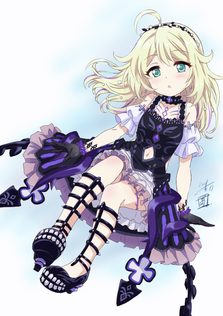1girl ahoge bare_shoulders black_choker black_dress black_gloves blonde_hair blue_background blush choker clothing_cutout dated detached_sleeves dress earrings gloves green_eyes hairband high_heels idolmaster idolmaster_cinderella_girls idolmaster_cinderella_girls_starlight_stage idolmaster_cinderella_girls_u149 invisible_chair jewelry legband long_hair looking_at_viewer navel navel_cutout open_mouth parted_lips puffy_short_sleeves puffy_sleeves sekiya_kuzuyu short_sleeves signature simple_background sitting solo thighs yusa_kozue