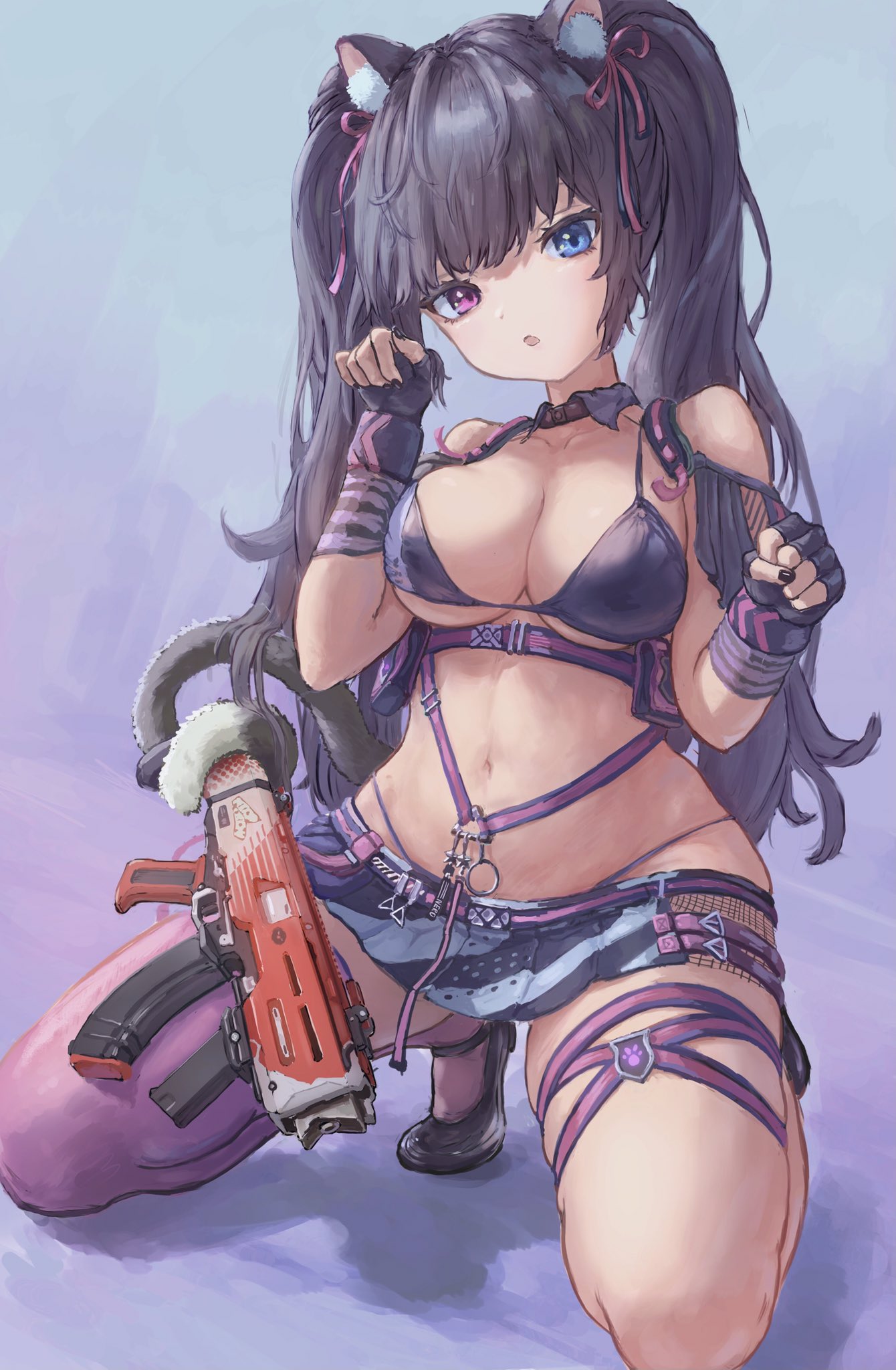 1girl animal_ear_fluff animal_ears bare_shoulders bikini black_gloves black_nails blue_eyes breasts cat_ears cat_girl cat_tail collarbone fingerless_gloves gloves goddess_of_victory:_nikke gun hair_ribbon hands_up heart heterochromia highres holding holding_weapon holding_with_tail large_breasts long_hair looking_at_viewer nail_polish nero_(nikke) pink_eyes pink_thighhighs prehensile_tail ribbon single_thighhigh standing swimsuit tagoroku123 tail thighhighs thighs twintails two-tone_bikini weapon