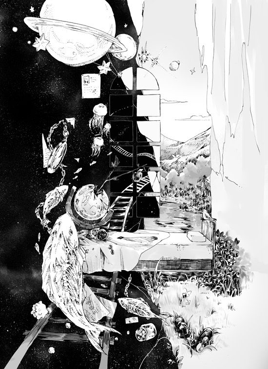 abstract_background bed branch cloud commentary fish flower globe grass greyscale hanada_hyou jellyfish lake landscape mary_janes monochrome mountainous_horizon no_humans paper pillow planetary_ring plant pocket_watch railroad_tracks shoes sky star_(sky) star_(symbol) touhou tree watch window