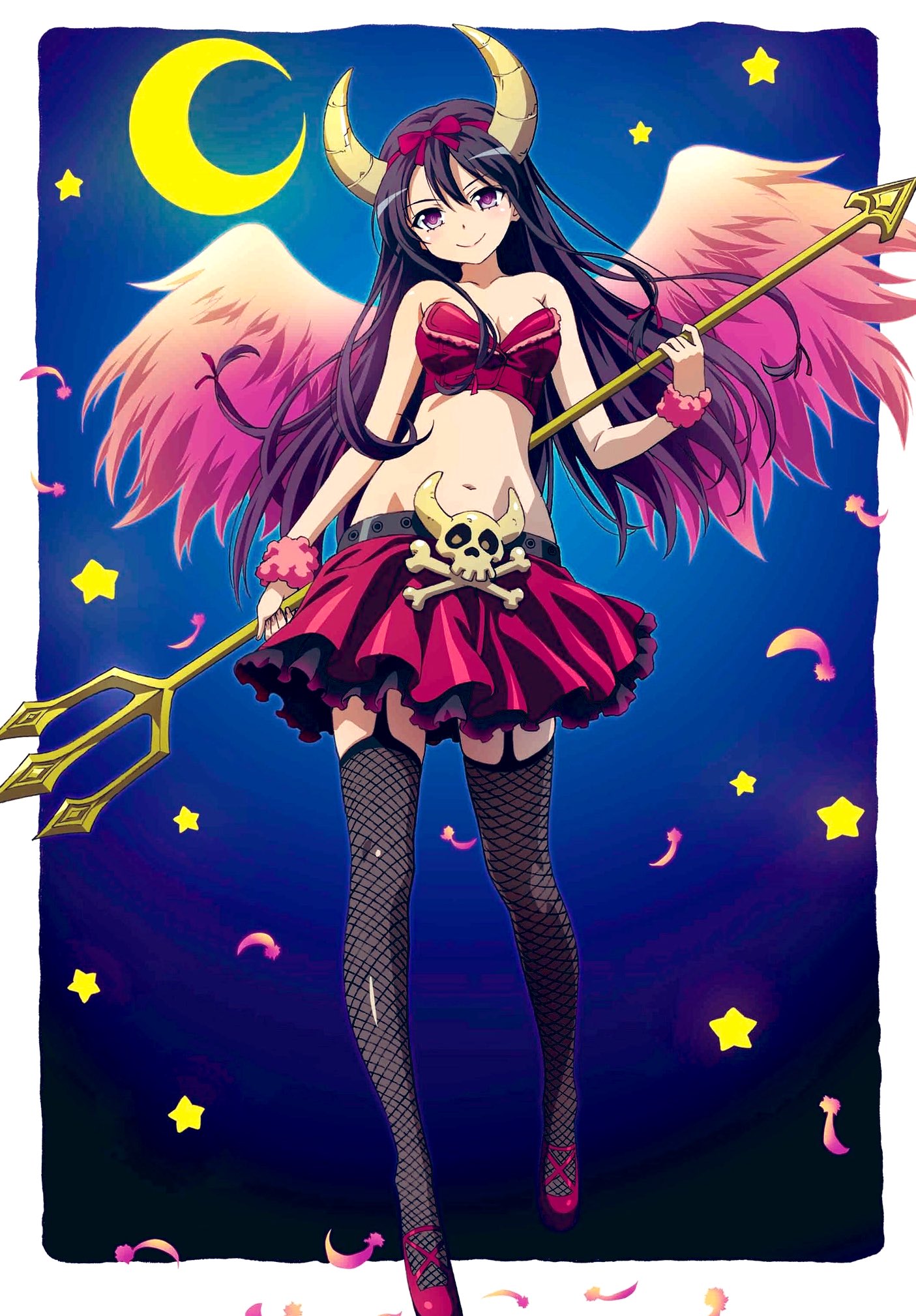 1girl bare_shoulders black_hair boku_wa_tomodachi_ga_sukunai border bow breasts cleavage closed_mouth collarbone crescent feathered_wings feathers fishnet_thighhighs fishnets frilled_skirt frills full_body garter_straps hair_bow highres holding holding_trident horns long_hair lowleg lowleg_skirt mikazuki_yozora navel official_art outside_border pink_footwear pink_wings polearm purple_eyes red_bow red_skirt red_tank_top scrunchie skirt skull_and_crossbones small_breasts smile solo standing star_(symbol) tank_top thighhighs trident watanabe_yoshihiro weapon white_border white_wings wings wrist_scrunchie