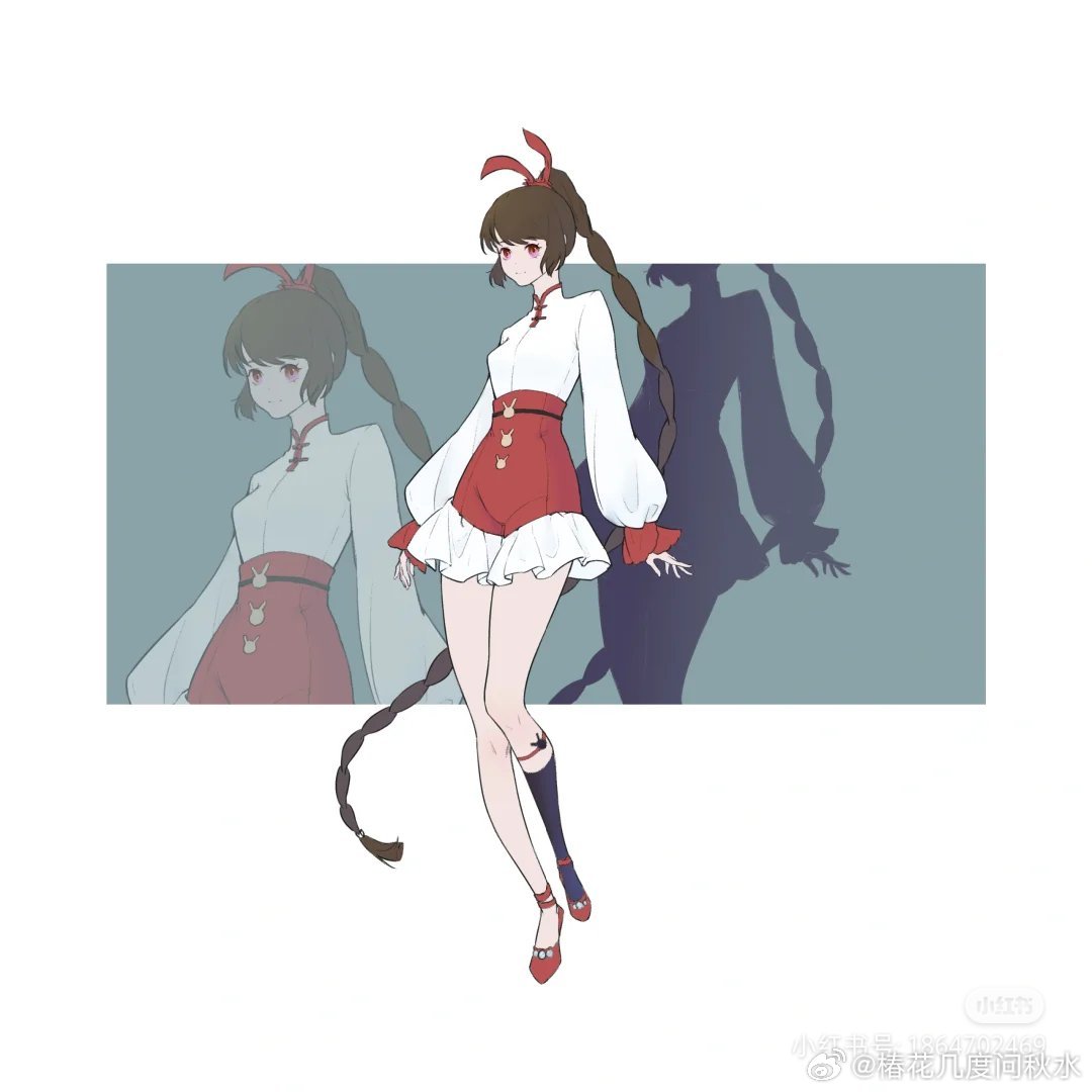 1girl animal_ears artist_request breasts brown_hair closed_mouth douluo_dalu dress frilled_shorts frills full_body hair_tie long_sleeves medium_breasts pink_eyes puffy_long_sleeves puffy_sleeves rabbit_ears rectangle red_footwear second-party_source shadow shorts single_bare_leg single_sock socks solo white_dress xiao_wu_(douluo_dalu)