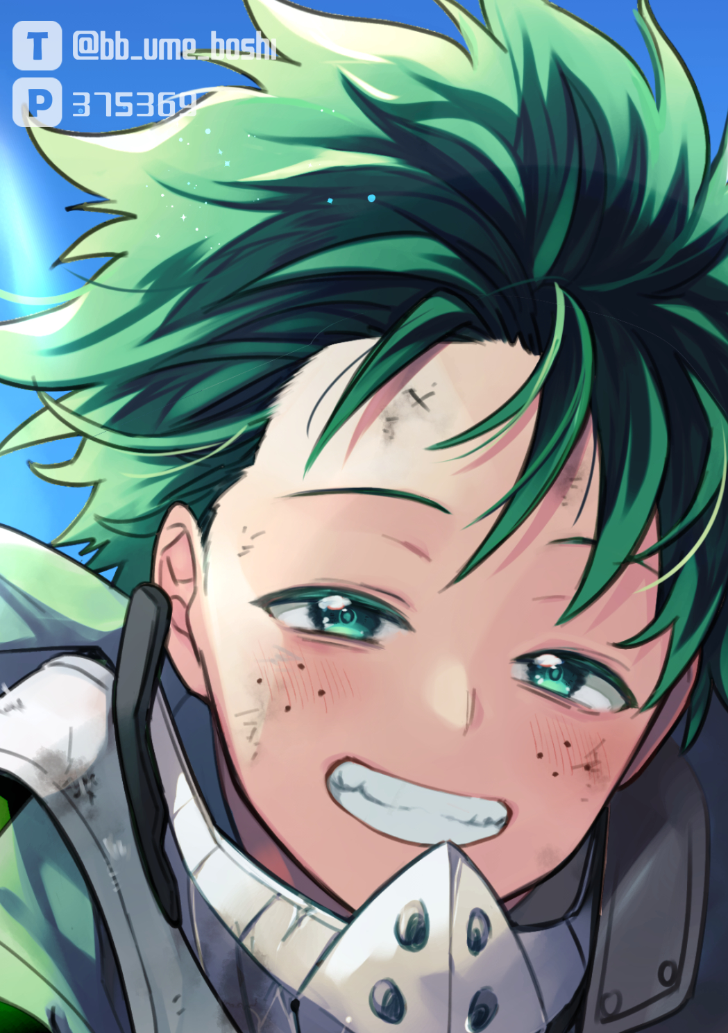 1girl bloom blush boku_no_hero_academia close-up colored_eyelashes dirty dirty_face dutch_angle floating_hair freckles green_hair green_pupils grin happy highres looking_at_viewer male_focus midoriya_izuku narrowed_eyes pixiv_id pixiv_logo portrait scratches short_hair smile sparkle teeth twitter_logo twitter_username ume_(326310) zooming_in