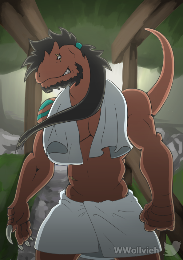 accessory aledon_rex allosaurid allosaurus black_hair bluewollvieh brown_body brown_scales claws dinosaur hair hair_accessory hair_tie male muscular muscular_male plant ponytail reptile scales scalie scar smile solo spring stones teeth theropod towel water