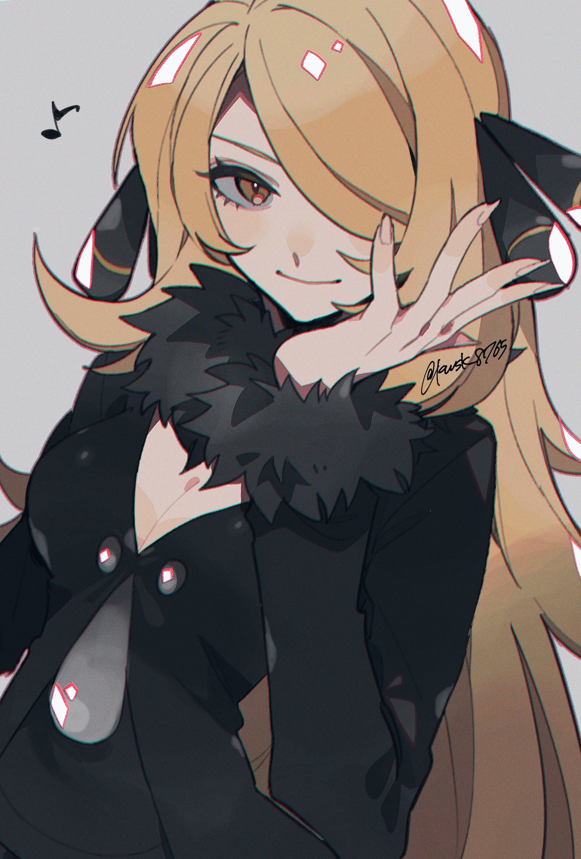 1girl artist_name black_dress blonde_hair breasts brown_eyes cleavage closed_mouth coat cynthia_(pokemon) dress fur-trimmed_coat fur_trim grey_background hair_ornament hair_over_one_eye hand_to_own_face highres kawasaki_(kwsk_8765) long_hair looking_at_viewer musical_note pokemon pokemon_(game) pokemon_dppt solo