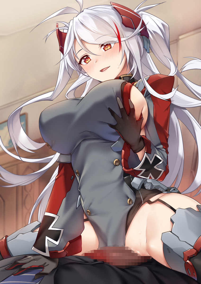 1boy 1girl antenna_hair azur_lane black_gloves black_panties blush breasts brown_eyes censored clothing_aside commission cross dress eyes_visible_through_hair from_below frottage garter_straps girl_on_top gloves grabbing grabbing_another's_breast grabbing_own_breast grey_dress grey_thighhighs grinding hair_between_eyes headgear hetero highres imminent_penetration iron_cross large_breasts long_hair long_sleeves looking_down mosaic_censoring multicolored_hair open_mouth panties panties_aside penis prinz_eugen_(azur_lane) red_hair sideboob skeb_commission smile solo_focus spread_legs straddling streaked_hair sweat swept_bangs thighhighs tsuki_tokage two_side_up underwear very_long_hair white_hair