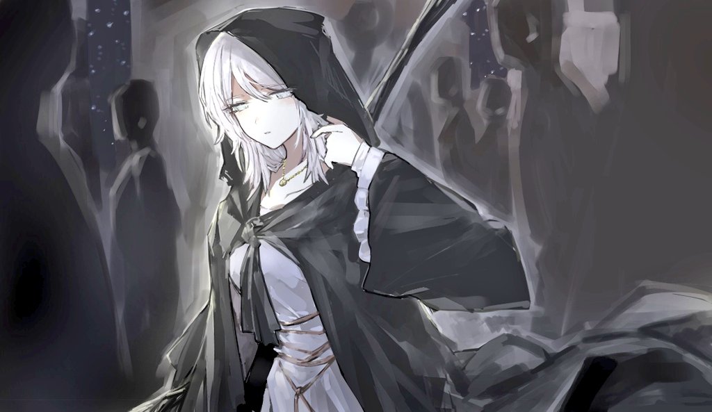 1girl alternate_costume black_robe dress faust_(limbus_company) frilled_sleeves frills hood jewelry limbus_company naughty_0b necklace open_clothes open_robe project_moon robe solo white_dress white_eyes white_hair