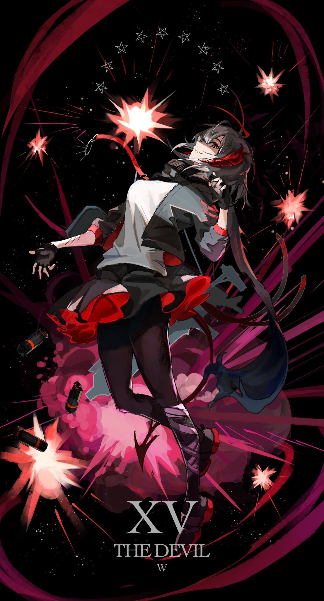1girl antenna_hair arknights black_background black_footwear black_gloves black_pantyhose black_skirt breasts character_name commentary cropped_jacket demon_girl demon_horns demon_tail english_commentary english_text explosion fingerless_gloves full_body gloves grey_hair highres horns kasumi_yuzuha large_breasts leaning_back loafers pantyhose red_hair shirt shoes short_hair simple_background skirt sleeves_rolled_up solo tail tarot w_(arknights) white_shirt