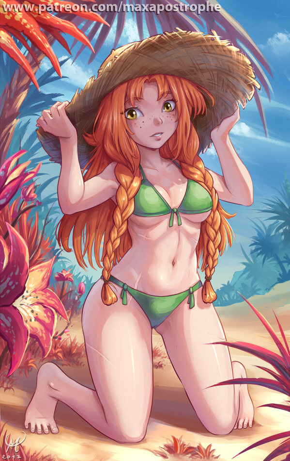 1girl bare_legs barefoot beach bikini braid braided_bangs breasts cloud cloudy_sky day feet flower freckles green_bikini hat holding kneeling les_chevaucheurs long_hair maxa' messy_hair navel orange_hair palm_tree patreon_username phenice_walholl sand scar sky small_breasts solo straw_hat swimsuit thighs toes tree yellow_eyes