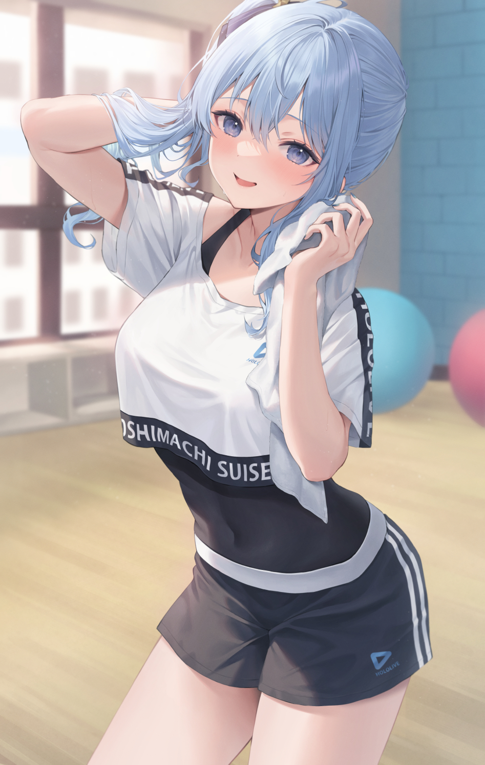 1girl :d arm_behind_head arm_up ball black_shorts blue_eyes blue_hair blue_nails blurry blurry_background breasts character_name covered_navel exercise_ball highres holding holding_towel hololive hololive_dance_practice_uniform hoshimachi_suisei indoors leotard leotard_under_clothes me_meel official_alternate_costume shirt short_shorts shorts small_breasts smile solo star_(symbol) star_in_eye symbol_in_eye towel white_shirt window