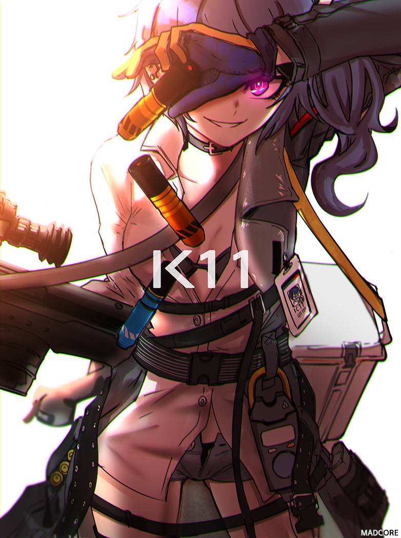 1girl arm_up artist_name assault_rifle backlighting belt bikini black_bikini blue_shorts bolt_action breasts buckle bullpup character_name clip_studio_paint_(medium) coat commentary_request cooler cowboy_shot daewoo_k11 dated dropping earrings explosive girls'_frontline gloves glowing glowing_eye grenade grenade_launcher grey_coat gun holding holding_gun holding_weapon id_card jewelry k11_(girls'_frontline) korean_commentary leather_choker long_coat long_hair looking_at_viewer madcore medium_breasts messy_hair multimeter multiple_straps name_tag open_clothes open_coat parted_lips purple_eyes rifle ringed_eyes short_shorts shorts side_ponytail sidelocks signature simple_background single_earring skindentation smirk solo strap swimsuit thigh_strap thighs weapon white_background
