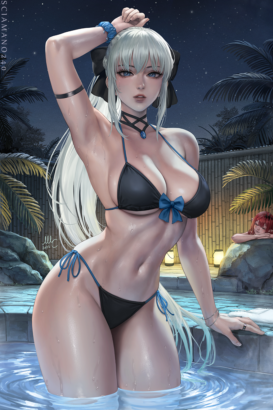 1girl arm_up armband armpits bikini black_bikini blue_eyes bow breasts choker cleavage dripping fate/grand_order fate_(series) hair_between_eyes hair_bow highres in_water jewelry looking_at_viewer medium_breasts morgan_le_fay_(fate) navel night outdoors ponytail red_hair resting sciamano240 sleeping solo summer swimsuit thighs wet white_hair
