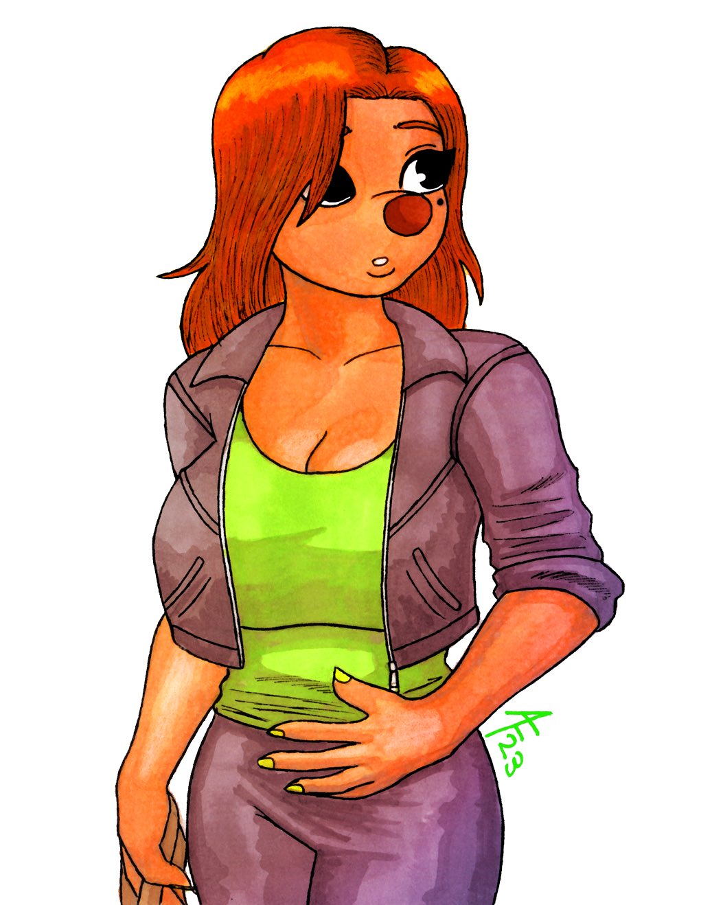 aaronhibiki aged_up anthro beauty_mark big_breasts black_eyes breasts brown_nose canid canine canis cleavage clothed clothing colored_nails disney domestic_dog female goof_troop hair hair_over_eye hi_res huge_breasts jacket mammal nails one_eye_obstructed orange_hair red_hair roxanne_(goof_troop) small_waist solo topwear