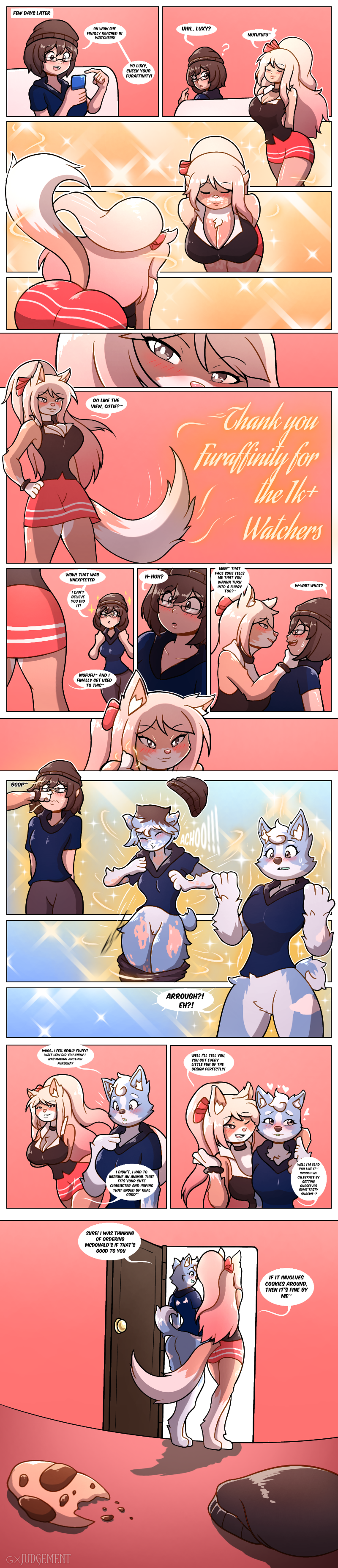 absurd_res anthro big_breasts blonde_hair blue_body blue_fur blush breasts brown_eyes brown_hair canid canine canis clothed clothing colored comic dialogue domestic_dog duo english_text female fur fur_growth growth hair happy hi_res human human_to_anthro judgement6x long_hair long_image mammal medium_breasts nervous seductive species_transformation speech_bubble surprised_expression tail tail_growth tall_image tan_body tan_fur teasing text transformation white_body white_fur