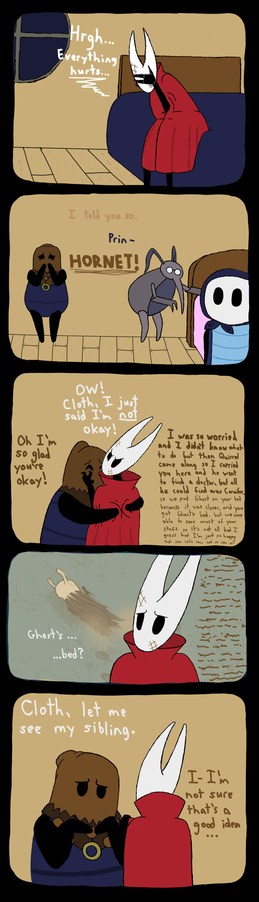 absurd_res ambiguous_gender anthro arthropod cloth_(hollow_knight) clothed clothing comic cornifer_(hollow_knight) dialogue digital_media_(artwork) english_text female group hi_res hollow_knight hood hornet_(hollow_knight) insect male quirrel_(hollow_knight) soiledvessels story story_in_description team_cherry text the_knight_(hollow_knight) topwear vessel_(species) waking_up