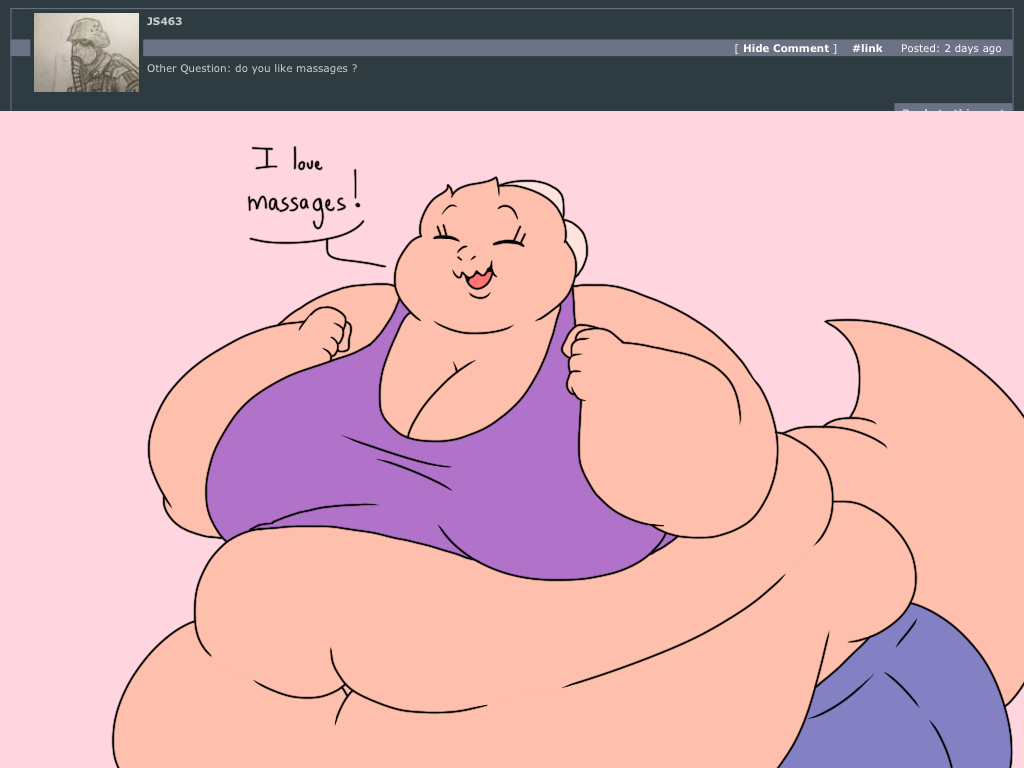 2018 4:3 5_fingers anthro ask_blog batspid2 belly big_belly big_breasts blue_clothing bottomwear breasts cleavage clothed clothing crop_top cutoffs denim denim_clothing dialogue digital_drawing_(artwork) digital_media_(artwork) english_text exclamation eyebrows eyelashes eyes_closed female fingers flabby_arms flat_colors frill_(anatomy) happy head_crest head_frill huge_breasts juna_(batspid2) lizard love_handles membrane_(anatomy) membranous_frill morbidly_obese morbidly_obese_anthro morbidly_obese_female navel obese obese_anthro obese_female overweight overweight_anthro overweight_female pink_body pink_skin purple_clothing reptile scalie shirt shorts simple_background smile solo tail text topwear