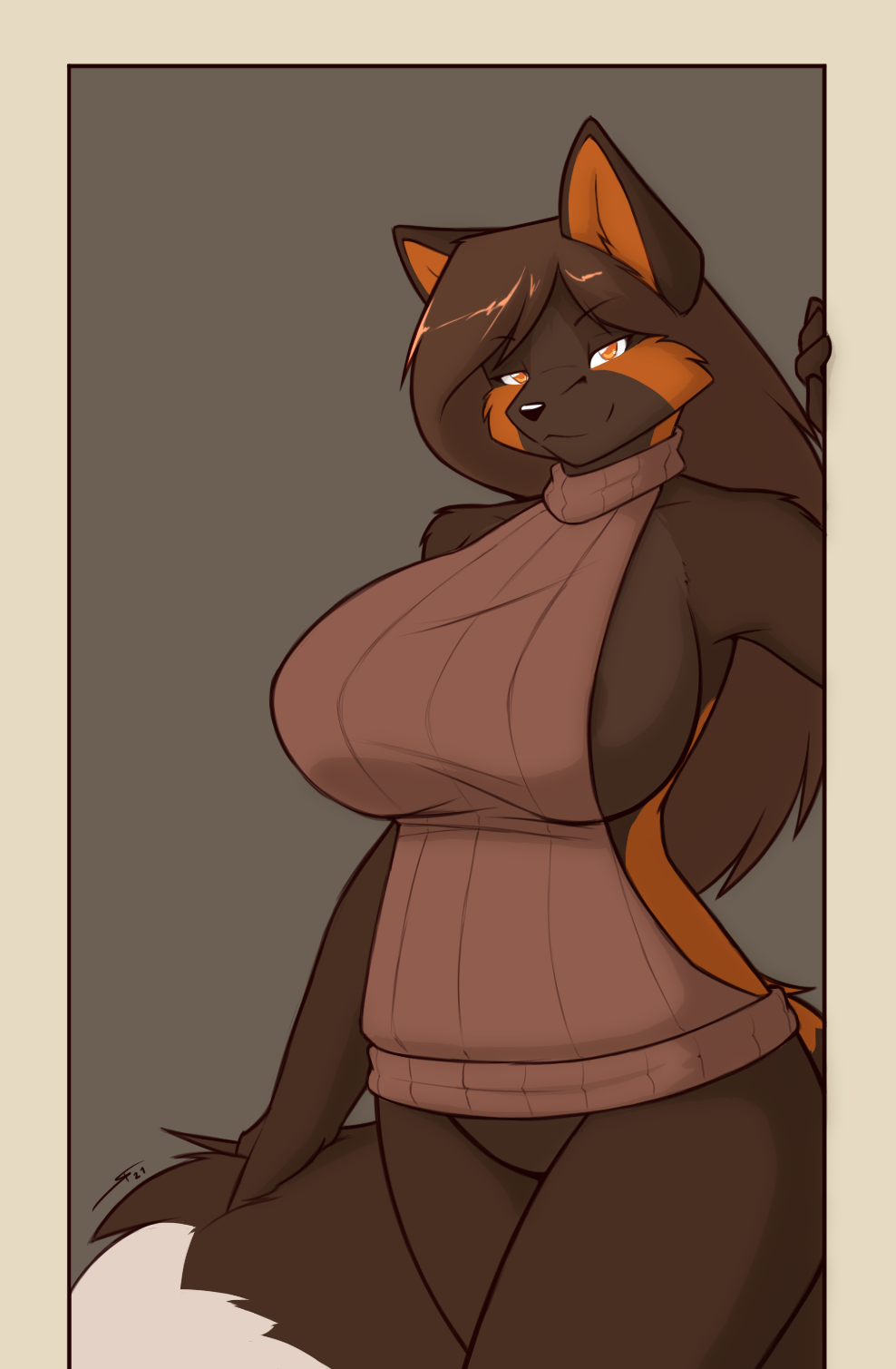 2021 anthro areola areola_slip bedroom_eyes big_breasts big_tail biped black_nose border bottomless bottomless_anthro bottomless_female breasts brown_areola brown_body brown_clothing brown_ears brown_fur brown_hair brown_sweater brown_tail brown_topwear canid canine cheek_tuft clothed clothing colored curvy_figure digital_media_(artwork) dipstick_tail doorway facial_tuft featureless_crotch female female_anthro fingers fluffy fluffy_tail fox front_view fur grey_background hair hand_on_tail hi_res holding_tail huge_breasts humanoid_hands long_hair looking_at_viewer mammal markings meme meme_clothing miriam_(starfighter) monotone_ears monotone_hair multi_tone_fur multicolored_body multicolored_fur multicolored_tail narrowed_eyes orange_body orange_eyes orange_fur orange_inner_ear orange_markings orange_pupils orange_tail portrait pupils ribbed_clothing ribbed_sweater seductive shaded signature simple_background smile snout solo standing starfighter sweater sweater_only tail tail_markings three-quarter_portrait three-quarter_view topwear topwear_only tuft virgin_killer_sweater voluptuous white_body white_border white_fur white_tail white_tail_tip wide_hips