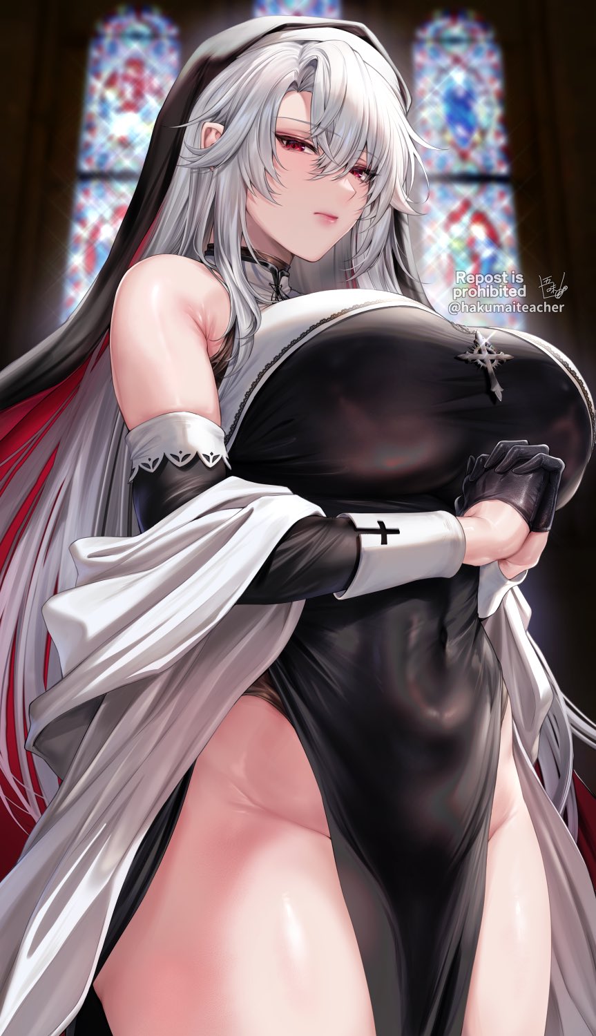 1girl bare_shoulders black_gloves breasts church closed_mouth cross cross_necklace curvy detached_sleeves from_below gloves gomi_(hakumaiteacher) habit half_gloves highres huge_breasts interlocked_fingers jewelry long_hair necklace nun pelvic_curtain praying red_eyes stained_glass thick_thighs thighs veil white_hair