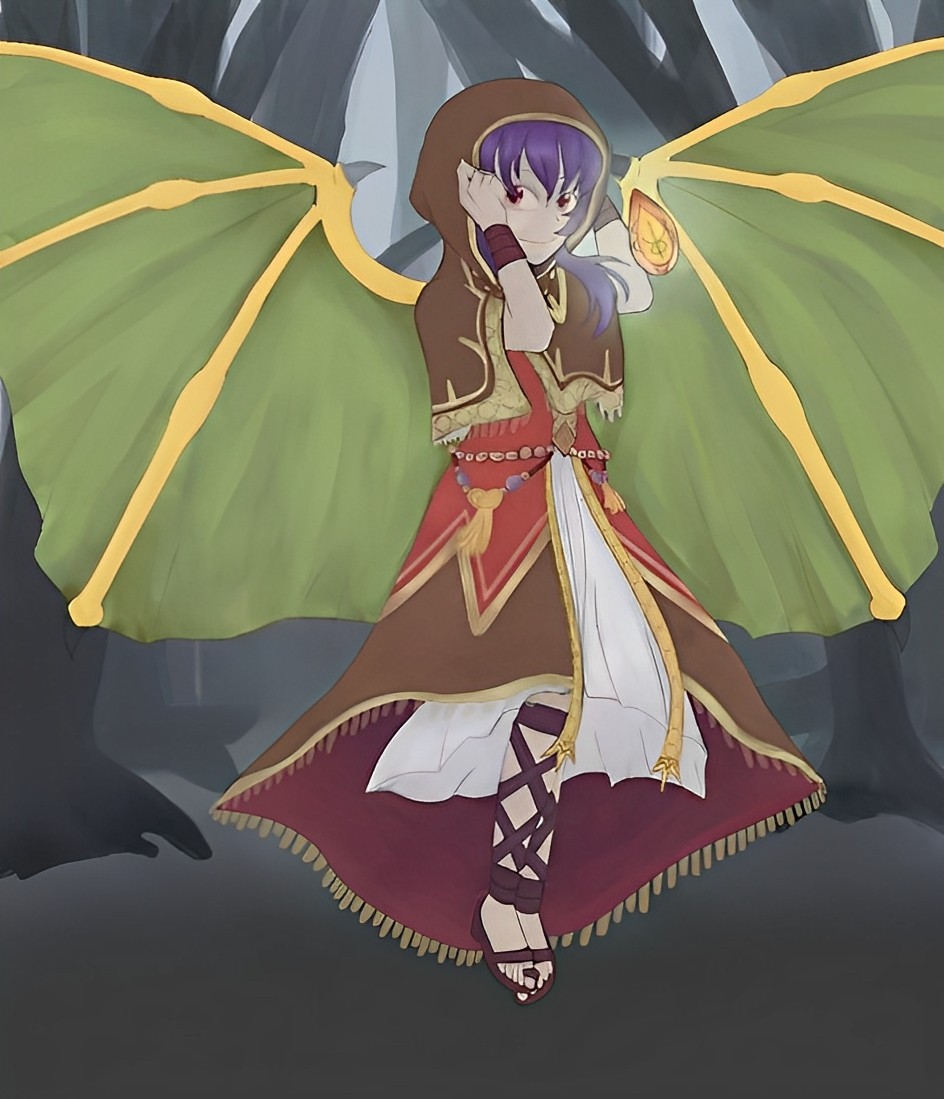 capelet dragon_girl dragonstone dress_shirt fire_emblem fire_emblem:_the_sacred_stones fire_emblem_heroes forest hood hood_up mallet myrrh_(fire_emblem) nature non-web_source purple_hair red_eyes sandals shirt smile twintails white_shirt wings
