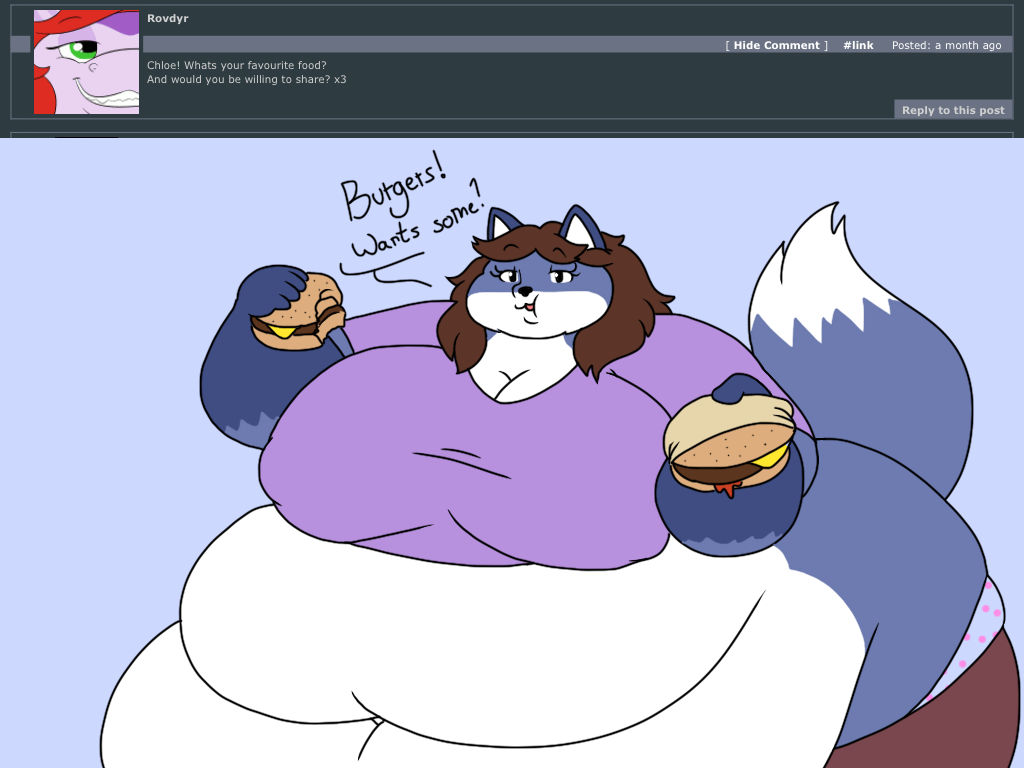2018 4:3 5_fingers anthro ask_blog batspid2 belly big_belly big_breasts black_eyebrows black_eyelashes black_eyes black_nose blue_background blue_body blue_fur bottomwear breasts brown_bottomwear brown_clothing brown_hair burger canid canine chloe_(batspid2) cleavage clothed clothing dialogue digital_drawing_(artwork) digital_media_(artwork) double_chin ear_markings eating english_text eyebrow_through_hair eyebrows facial_markings female fingers flat_colors food fox front_view fur glistening glistening_eyes gloves_(marking) hair head_markings holding_food holding_object huge_breasts hyper hyper_belly hyper_hips looking_at_viewer mammal markings midriff morbidly_obese morbidly_obese_anthro morbidly_obese_female multicolored_body multicolored_fur navel nipple_outline obese obese_anthro obese_female open_mouth overweight overweight_anthro overweight_female pants pattern_clothing pattern_underwear purple_clothing purple_topwear question shirt simple_background solo spots spotted_clothing spotted_underwear tail tail_markings tail_tuft text three-quarter_view topwear translucent translucent_hair tuft underwear white_body white_fur