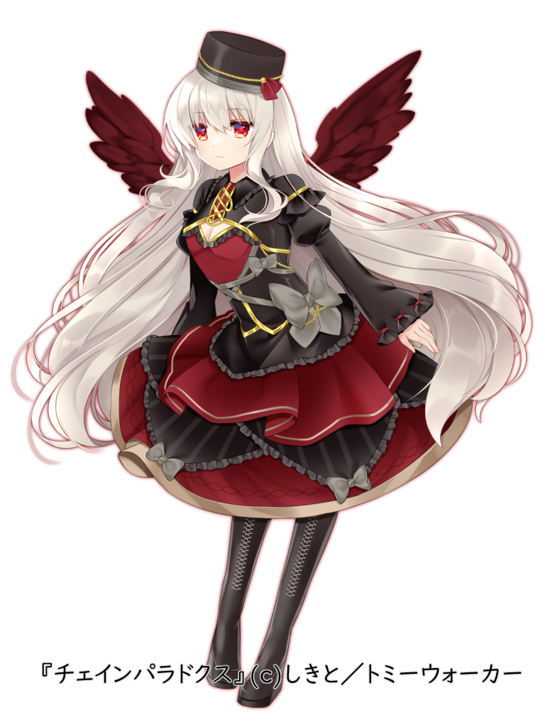 1girl bangs black_footwear black_headwear black_shirt boots bow breasts chain_paradox character_request cleavage cleavage_cutout closed_mouth clothing_cutout dress feathered_wings full_body grey_bow grey_hair hair_between_eyes juliet_sleeves leaning_forward long_hair long_sleeves looking_at_viewer official_art puffy_sleeves red_dress red_eyes red_wings ribbon-trimmed_sleeves ribbon_trim shikito shirt simple_background sleeves_past_wrists solo thigh_boots tilted_headwear very_long_hair white_background wings