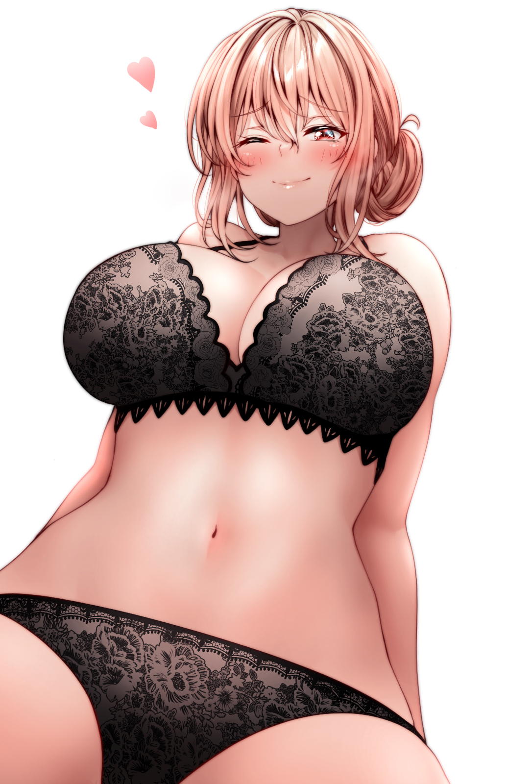 1girl arms_behind_back black_bra black_panties blush bra breasts closed_mouth hair_between_eyes hair_bun heart highres huge_breasts lace lace_bra lace_panties looking_at_viewer mature_female navel one_eye_closed orange_eyes orange_hair panties red_hayao short_hair simple_background single_hair_bun smile solo underwear white_background yahari_ore_no_seishun_lovecome_wa_machigatteiru. yuigahama_yui's_mother