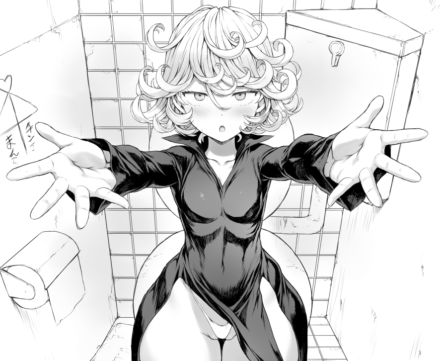 1girl blush breasts collarbone collared_dress covered_navel cowboy_shot curly_hair dress dress_shoes floating foreshortening groin long_sleeves looking_at_viewer mogudan monochrome one-punch_man parted_lips partially_visible_vulva pelvic_curtain petite reaching_towards_viewer simple_background sitting small_breasts solo tatsumaki thick_thighs thigh_gap thighs thong toilet toilet_paper toilet_stall underwear wide_hips