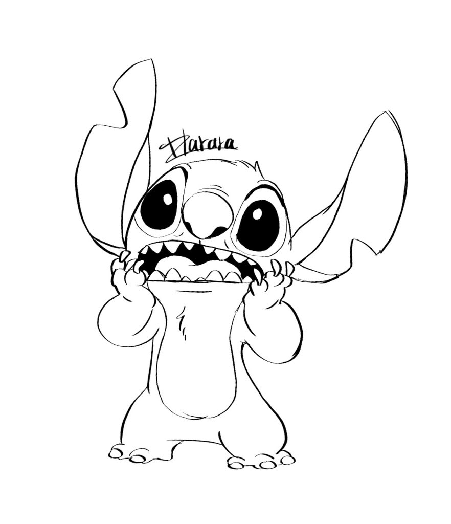 2023 alien ambiguous_gender anthro biped black_and_white chest_tuft claws digital_drawing_(artwork) digital_media_(artwork) disney experiment_(lilo_and_stitch) finger_claws fur hand_on_face harara head_tuft lilo_and_stitch line_art male_(lore) monochrome notched_ear shocked_expression signature solo standing stitch_(lilo_and_stitch) tuft