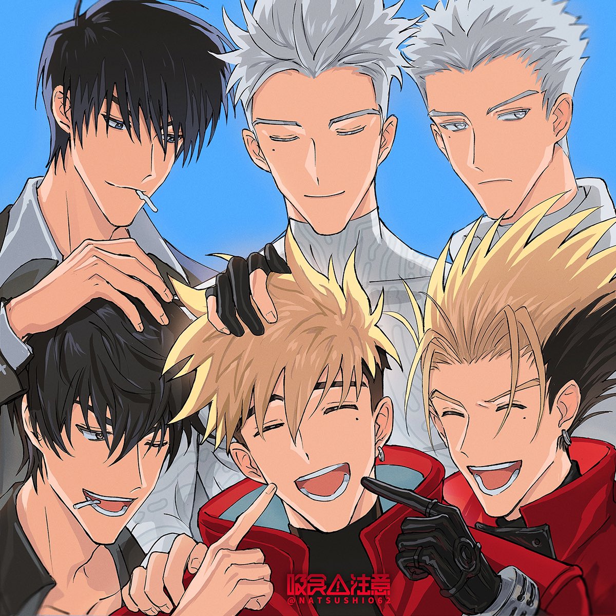 6+boys ^_^ black_eyes black_hair black_shirt blonde_hair blue_background cigarette closed_eyes closed_mouth earrings fingerless_gloves gloves hand_on_another's_head highres jacket jewelry looking_away male_focus millions_knives mole mole_under_eye mouth_hold multiple_boys natsushio_(x2i2a) nicholas_d._wolfwood one_eye_closed open_mouth red_jacket shirt single_earring smile spiked_hair trigun trigun_stampede twitter_username undercut upper_body v-shaped_eyebrows vash_the_stampede white_eyes white_hair white_shirt