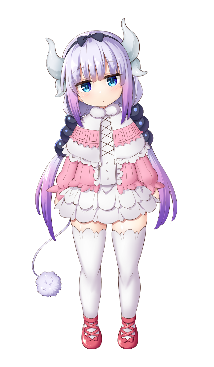 2018 accessory age_difference alpha_channel black_ribbon blue_eyes bottomwear clothing dragon female flower footwear full-length_portrait hair hair_accessory hi_res humanoid kanna_kamui legwear looking_at_viewer mammal miss_kobayashi's_dragon_maid musouduki plant portrait purple_hair shoes simple_background skirt solo transparent_background twintails_(hairstyle) white_clothing white_legwear young younger_female