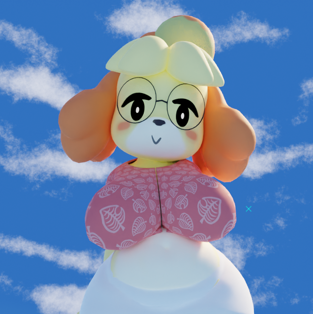 3d_(artwork) animal_crossing anthro big_breasts blue_sky blush breasts canid canine canis clothed clothing cloud digital_media_(artwork) domestic_dog eyewear female front_view fur furfnsfw glasses hair isabelle_(animal_crossing) looking_at_viewer looking_down mammal navel nintendo shadow shih_tzu sky smile solo thick_thighs toy_dog wide_hips yellow_body yellow_fur