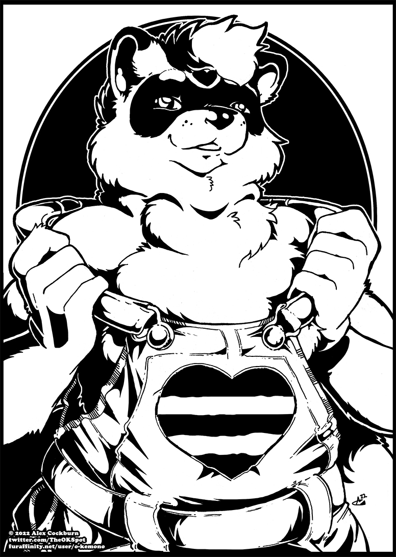&lt;3 2022 anthro black_and_white clothed clothing facial_markings fur hair head_markings male mammal markings mask_(marking) monochrome o-kemono overalls procyonid raccoon solo undressing