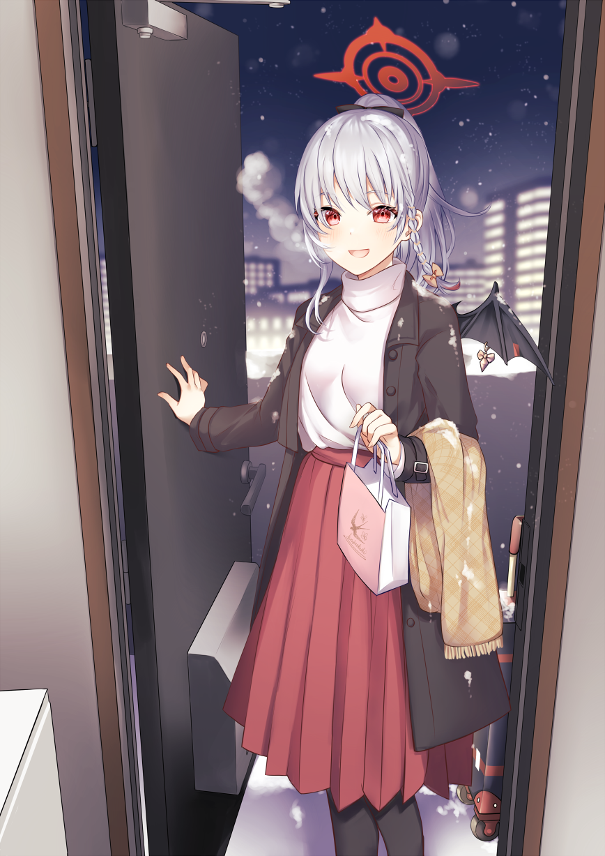 1girl :d bag black_bow black_jacket black_pantyhose black_wings blue_archive blush bow braid breath brown_scarf building commentary_request fringe_trim grey_hair hair_bow haruna_(blue_archive) highres holding holding_bag jacket looking_at_viewer mashiro_aa night night_sky open_clothes open_door open_jacket outdoors pantyhose paper_bag pleated_skirt ponytail red_eyes red_skirt rolling_suitcase scarf sidelocks single_braid single_wing skirt sky smile snow snowing solo star_(sky) starry_sky suitcase sweater turtleneck turtleneck_sweater white_sweater wings