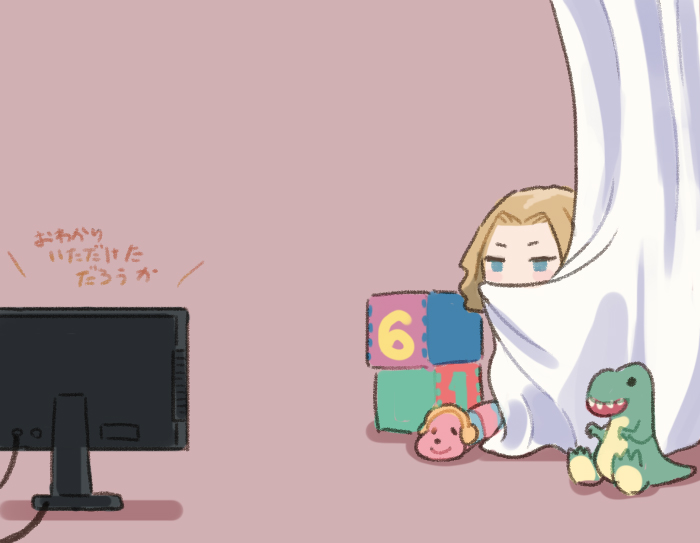 1girl blonde_hair blue_eyes commentary_request covering_mouth curtains hiding irony long_hair m3gan m3gan_(character) saiguchi_otoufu scared solo stuffed_animal stuffed_dinosaur stuffed_toy television toy_block translation_request