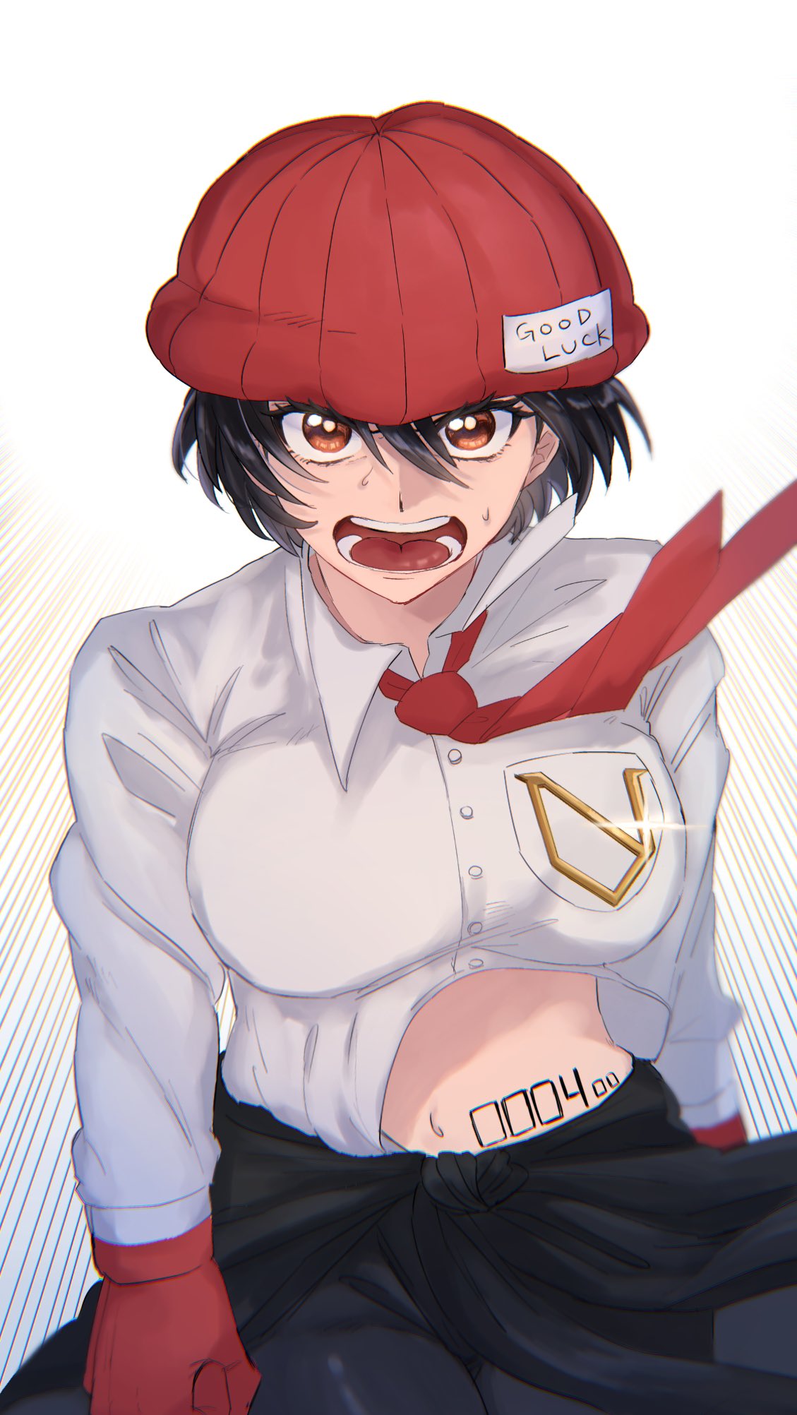 1girl beanie black_hair body_markings breasts brown_eyes determined dress_shirt hat highres izumo_fuuko large_breasts long_sleeves looking_at_viewer necktie open_mouth red_beanie red_necktie shirt short_hair solo unbuttoned unbuttoned_shirt undead_unluck white_background white_shirt