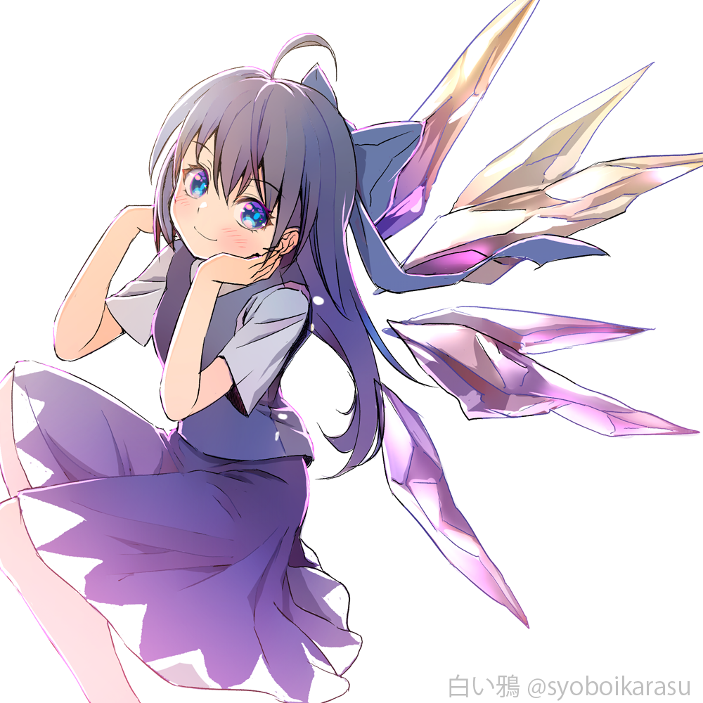 1girl ahoge alternate_hair_length alternate_hairstyle artist_name blue_bow blue_eyes blue_hair blue_skirt blue_vest blush bow cirno closed_mouth detached_wings fairy hair_between_eyes hair_bow ice ice_wings long_hair shiroi_karasu shirt short_sleeves simple_background skirt smile solo touhou twitter_username vest white_background white_shirt wings