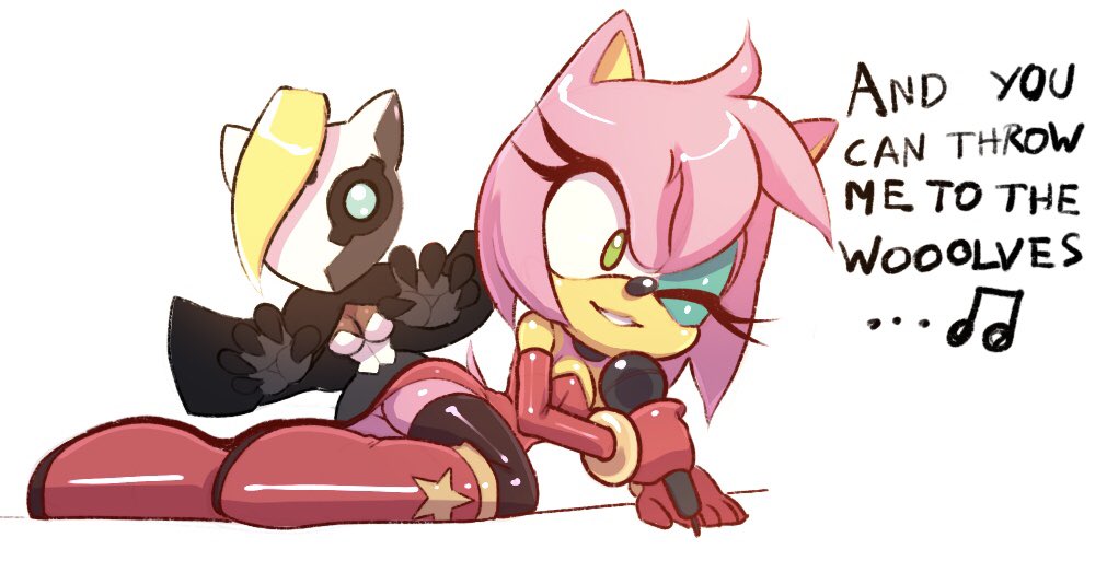 amy_rose anthro bananagaari boots breasts canid canine canis cape choker cleavage clothed clothing duo eulipotyphlan eyeshadow female footwear gloves handwear hedgehog idw_publishing jewelry legwear leotard lying makeup mammal mask microphone necklace one_eye_closed sega singing sonic_the_hedgehog_(comics) sonic_the_hedgehog_(idw) sonic_the_hedgehog_(series) thigh_highs whisper_the_wolf wolf